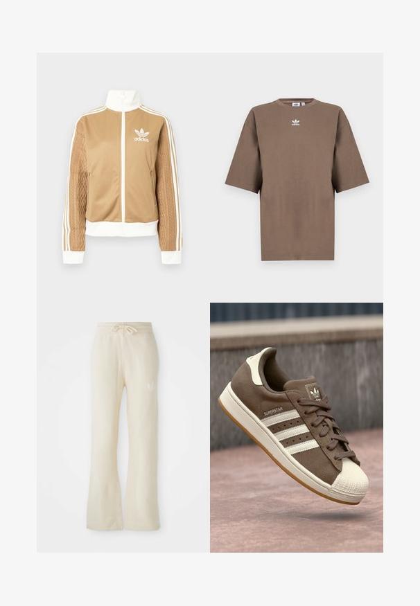 Casaco de fecho éclair em tom de bege com detalhes brancos e três riscas brancas nas mangas. Apresenta um design texturizado na trama de uma das mangas. Logotipo da Adidas no peito.; T-shirt de algodão castanho com mangas curtas, decote redondo e logo branco da Adidas centrado no peitoral, apresentando um design simples e um corte descontraído.; Calças de treino de cor creme com uma textura suave, apresentando um cós elástico com cordão e pernas largas. Detalhe discreto do logótipo na anca esquerda.; Sapatilha de camurça castanha com riscas brancas, detalhes em creme e biqueira de borracha. Apresenta um design com atacadores e sola de borracha texturizada.