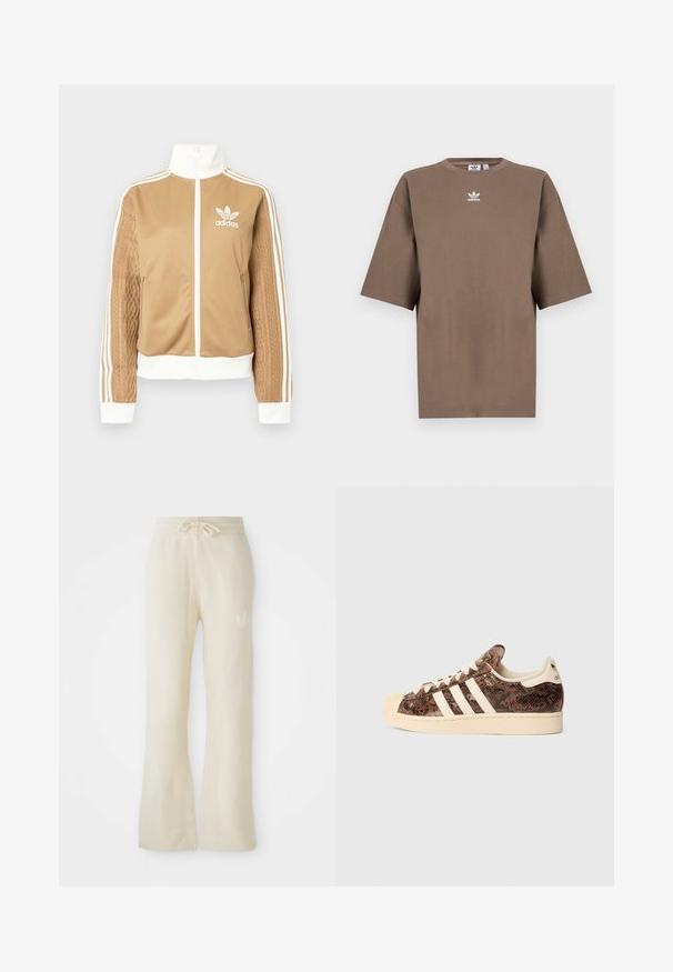 Casaco de fecho éclair em tom de bege com detalhes brancos e três riscas brancas nas mangas. Apresenta um design texturizado na trama de uma das mangas. Logotipo da Adidas no peito.; T-shirt de algodão castanho com mangas curtas, decote redondo e logo branco da Adidas centrado no peitoral, apresentando um design simples e um corte descontraído.; Calças de treino de cor creme com uma textura suave, apresentando um cós elástico com cordão e pernas largas. Detalhe discreto do logótipo na anca esquerda.; Sapatilha de padrão de cobra castanha com riscas brancas e detalhes em creme. Apresenta uma biqueira redonda, parte superior texturizada e forro interior suave.