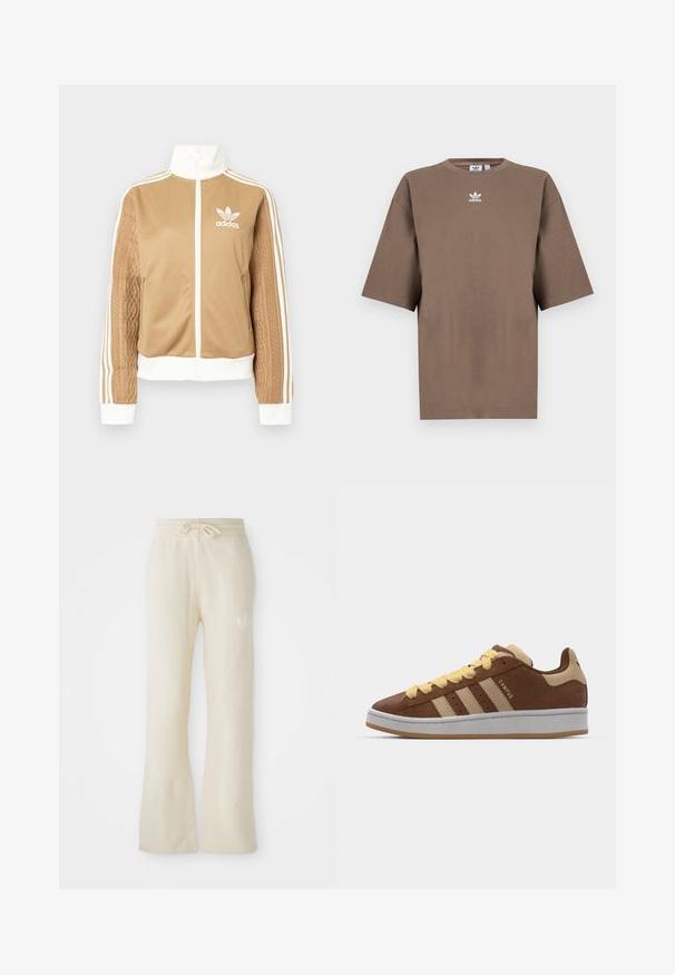 Hnědá zipová bunda s bílými akcenty a třemi bílými pruhy na rukávech. Obsahuje texturovaný tkaný design na jednom rukávu. Logo Adidas na hrudi.; Hnědé bavlněné tričko s krátkým rukávem, kulatým výstřihem a bílým logem Adidas umístěným uprostřed hrudi, s jednoduchým designem a uvolněným střihem.; Krémové tepláky s jemnou texturou, s elastickým pasem na šňůrku a rozšířenými nohavicemi. Diskrétní logo detail na levém boku.; adidas Originals CAMPUS 00S DOUBLE W - Tenisky - preloved brown/sand strata/orange tint