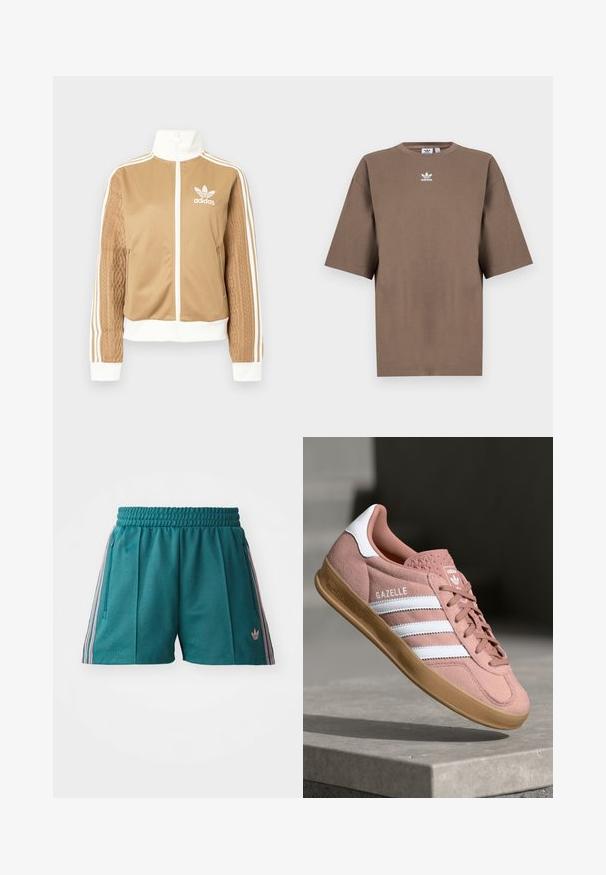 Barna, cipzáras dzseki fehér díszítésekkel és három fehér csíkkal a hajtókákon. Az egyik hajtókán texturált szövet mintázat található. Az Adidas logo a mellkason.; Barna pamut póló rövid ujjakkal, kerek nyakkal és fehér Adidas logóval a mellkason, egyszerű dizájnnal és laza szabással.; Tengerzöld sportos rövidnadrág rugalmas derékkal, rózsaszín és fehér csíkozott oldalsávokkal és cipzáras oldalzsebekkel. Logó az alján.; Rózsaszín velúr sportcipő fehér csíkokkal, gumitalppal, textúrált felsőrésszel és logóval a nyelvén. Klasszikus alacsony fazon.
