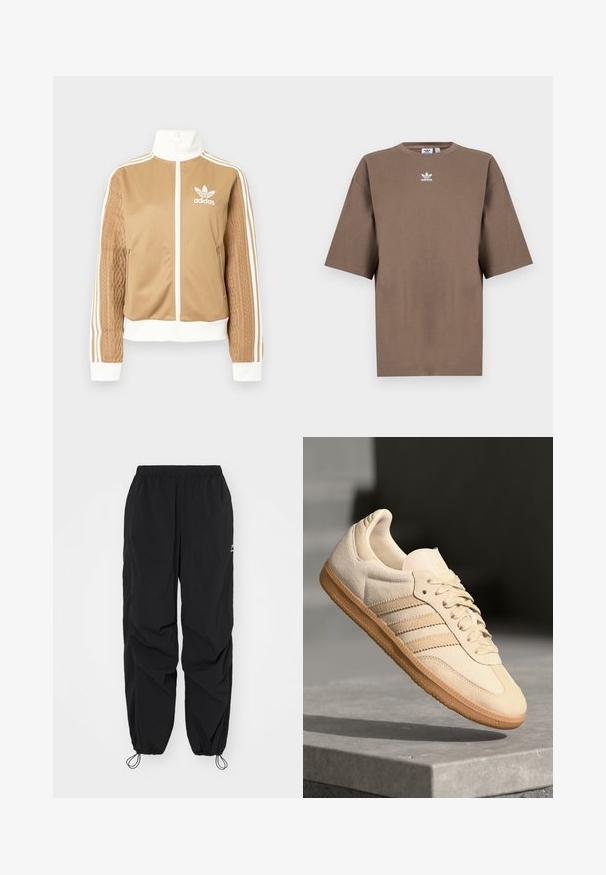 Tan zip-up jacka med vita accenter och tre vita ränder på ärmarna. Har en texturerad vävd design på en ärm. Adidas-logotyp på bröstet.; Brun bomull t-shirt med kort ärm, rund halsringning och vit Adidas-logotyp centrerad på bröstet, med en enkel design och avslappnad passform.; Svarta vindjackor med elastisk midja, justerbara muddar och en lätt glans. Har en logotyp nära midjan. Andningsbart tyg.; Ljusbeige mockasneaker med gummisula, tre diagonala ränder och en texturerad tåhuvud. Har logotyp på tungan och sidan.
