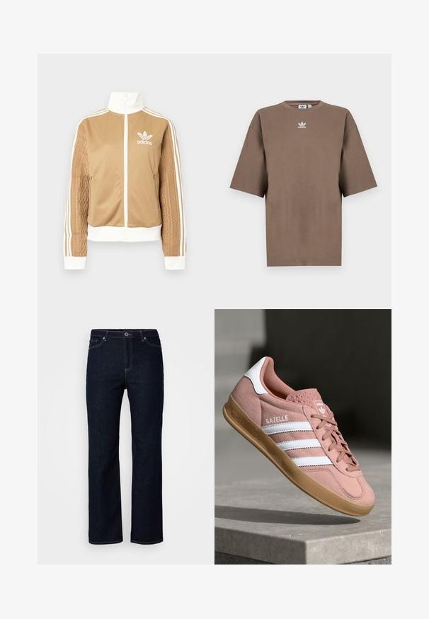 Tan zip-up jack met witte accenten en drie witte strepen op de mouwen. Heeft een gestructureerd geweven ontwerp op één mouw. Adidas-logo op de borst.; Bruine katoenen t-shirt met korte mouwen, ronde hals en wit Adidas-logo gecentreerd op de borst, met een eenvoudige uitstraling en een relaxte pasvorm.; Donkerblauwe spijkerbroek, recht model, vijf pocketsstijl, subtiele stikseldetails, ritssluiting met knoopsluiting.; Roze suède sneakers met witte strepen, rubberen gumzool, gestructureerde bovenkant en logo op de tong. Klassiek low-top ontwerp.