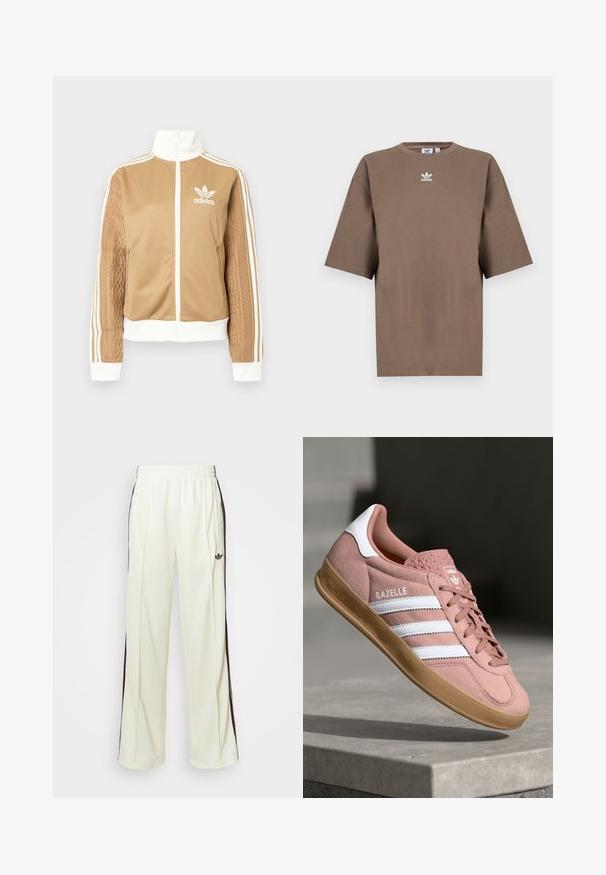 Tā tan krāsa zip-up jakas ar baltajiem akcentiem un trim baltām svītrām uz piedurknēm. Izceļas ar teksturētu aušanas dizainu uz vienas piedurknes. Adidas logo uz krūšu daļas.; Brūna kokvilnas T-krekls īsām piedurknēm, apaļa kakla izgriezums, ar baltu Adidas logo centrā krūtīs, ar vienkāršu dizainu un brīvu piegriezumu.; Krēma krāsas sporta bikses ar brīvu piegriezumu, ar tumši brūnām sānu svītrām un izšūtu logotipu kreisajā augšstilbā.; Rozā zamša sporta apavi ar baltām svītrām, gumijas zole, teksturēts augšdaļas materiāls un logo uz mēles. Klasisks zema profila dizains.