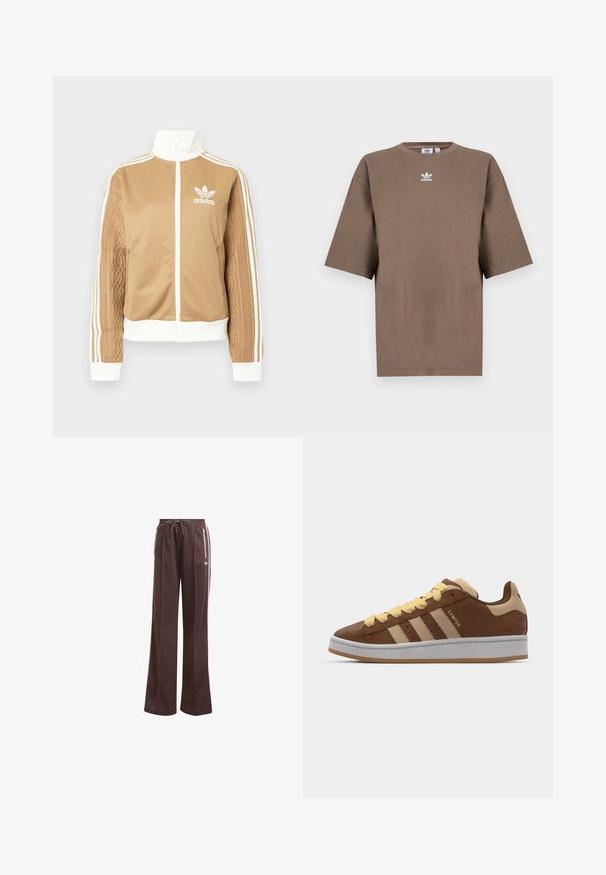 Tā tan krāsa zip-up jakas ar baltajiem akcentiem un trim baltām svītrām uz piedurknēm. Izceļas ar teksturētu aušanas dizainu uz vienas piedurknes. Adidas logo uz krūšu daļas.; Brūna kokvilnas T-krekls īsām piedurknēm, apaļa kakla izgriezums, ar baltu Adidas logo centrā krūtīs, ar vienkāršu dizainu un brīvu piegriezumu.; adidas Originals MONTREAL - Treniņtērpa apakšdaļas - shadow brown; adidas Originals CAMPUS 00S DOUBLE - Treniņu apavi - preloved brown/sand strata/orange tint