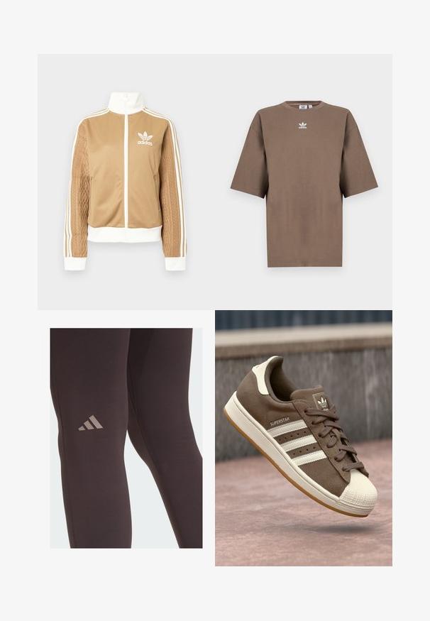 Tan zip-up takki, jossa on valkoisia yksityiskohtia ja kolme valkoista raitaa hihoissa. Yhdellä hihalla on texturoitu kudontasuunnittelu. Adidas-logo rinnassa.; Ruskea puuvillapaita lyhyillä hihoilla, pyöreällä kauluksella ja valkoisella Adidas-logolla, joka on keskitetty rintaan. Paidassa on yksinkertainen muotoilu ja rento istuvuus.; Mustat urheiluleggingsit, joissa on sileä pinta, ja joissa on huomaamaton ruskea Adidas-logo reisissä sekä vahvistetut ompelupisteet.; Ruskeat mokka-tennarit, joissa on valkoiset raidat, kermaiset yksityiskohdat ja kuminen kärki. Varustettu nauhaketjulla ja kuvioidulla kuminpohjalla.