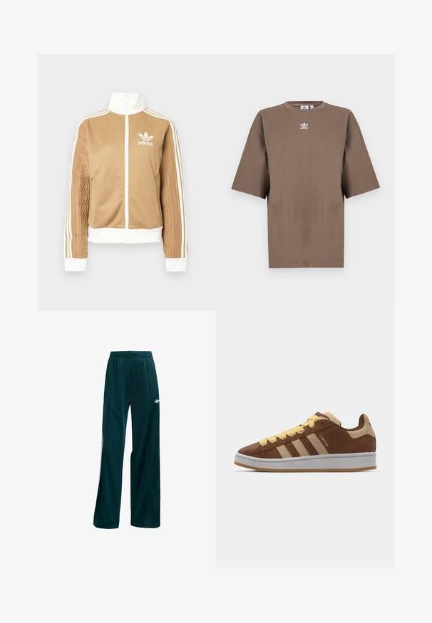 Ruda zip-up striukė su baltais akcentais ir trimis baltais dryžiais ant rankovių. Vienoje rankovėje yra tekstūruotas audinys. Adidas logotipas ant krūtinės.; Ruda medvilninė marškinėliai su trumpomis rankovėmis, apvaliu kaklu ir baltu Adidas logotipu, esančiu viduryje krūtinės, pasižymintys paprastu dizainu ir laisvu sijonu.; Tamsiai žalia sportinė kelnė pagaminta iš lengvos medžiagos, turinti paprastą dizainą, elastingą juosmenį ir baltus šonus.; adidas Originals CAMPUS 00S DOUBLE - Sportbačiai - preloved brown/sand strata/orange tint