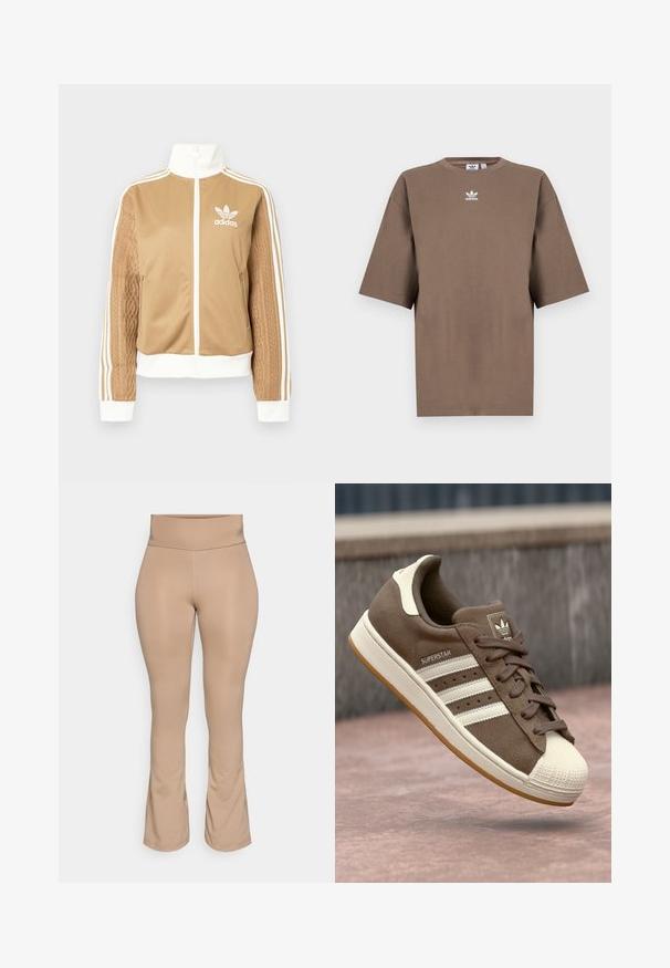 Kraevis sisekavaga jakki valgete aktsentidega ja kolme valge triibuga varrukatel. Ühel varrukal on tekstureeritud kootud muster. Adidas'i logo rinnal.; Pruun puuvillane T-särk lühikeste varrukatega, ümar kaelus ja valge Adidas'i logo keskpunktis rinnal, lihtne disain ja mugav lõige.; Naha värvi leggingid kõrge vöökohaga, kärbitud äärega, siledast tekstuurist ning ilma nähtavate mustrite või riistvara detailideta.; Pruunist nubukist tennisjalanõud valgete triipude, kreemjate aktsentide ja kummist toe-kate'ga. Omab nööridega sulgemist ja tekstuurset kummist talla.
