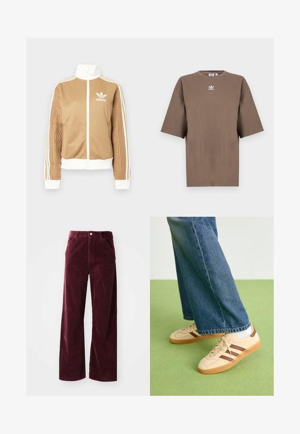 Tan zip-up jacket with white accents and three white stripes on sleeves. Features textured woven design on one sleeve. Adidas logo on chest.; Brown cotton t-shirt with short sleeves, round neck, and white Adidas logo centered at the chest, featuring a plain design and relaxed fit.; Burgundy corduroy pants with a wide-leg design, featuring front pockets, a button closure, and ribbed texture throughout.; Beige sneakers with textured cream panels and brown stripes, paired with blue denim jeans. The jeans have a wide leg and frayed hem.