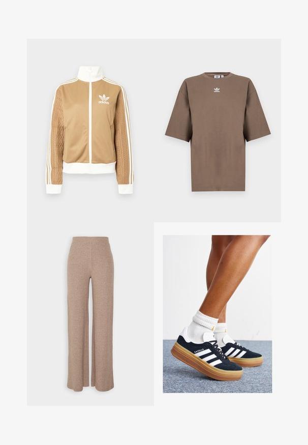 Veste zippée tan avec des accents blancs et trois rayures blanches sur les manches. Présente un design tissé texturé sur une manche. Logo Adidas sur la poitrine.; T-shirt en coton marron à manches courtes, col rond et logo Adidas blanc centré sur la poitrine, avec un design épuré et une coupe décontractée.; Pantalons larges en beige à côtes avec une taille haute et une texture douce, présentant une coupe loose et sans fermetures visibles.; Baskets en daim noir avec des rayures et des accents blancs, bout arrondi, semelle extérieure en caoutchouc gomme, associées à des chaussettes blanches côtelées mi-mollet.