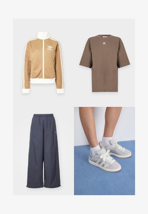 Tā tan krāsa zip-up jakas ar baltajiem akcentiem un trim baltām svītrām uz piedurknēm. Izceļas ar teksturētu aušanas dizainu uz vienas piedurknes. Adidas logo uz krūšu daļas.; Brūna kokvilnas T-krekls īsām piedurknēm, apaļa kakla izgriezums, ar baltu Adidas logo centrā krūtīs, ar vienkāršu dizainu un brīvu piegriezumu.; Tumši pelēki platajā kājās bikses ar elastīgu jostu un sānu rāvējslēdzējiem. Viegls materiāls, gluda tekstūra, ar minimālu logotipu.; Pelēki zamša sporta apavi ar baltām šņorēm un gumijas zoli, ar trim diagonālām svītrām sānos un logotipa uzšuvi uz mēles.