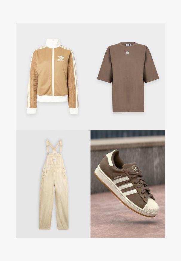 Kraevis sisekavaga jakki valgete aktsentidega ja kolme valge triibuga varrukatel. Ühel varrukal on tekstureeritud kootud muster. Adidas'i logo rinnal.; Pruun puuvillane T-särk lühikeste varrukatega, ümar kaelus ja valge Adidas'i logo keskpunktis rinnal, lihtne disain ja mugav lõige.; Helebeige denimist valmistatud üldriided, millel on ruudukujuline tasku, reguleeritavad rihmad, külgedel nööbid ja laiad sääred.; Pruunist nubukist tennisjalanõud valgete triipude, kreemjate aktsentide ja kummist toe-kate'ga. Omab nööridega sulgemist ja tekstuurset kummist talla.