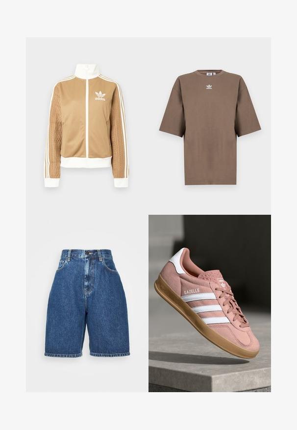 Barna, cipzáras dzseki fehér díszítésekkel és három fehér csíkkal a hajtókákon. Az egyik hajtókán texturált szövet mintázat található. Az Adidas logo a mellkason.; Barna pamut póló rövid ujjakkal, kerek nyakkal és fehér Adidas logóval a mellkason, egyszerű dizájnnal és laza szabással.; Sötétkék, magas derékú farmer rövidnadrág. Klasszikus öt zsebes stílus, egyenes szabás és felhajtott szegély jellemzi. Pamut anyag.; Rózsaszín velúr sportcipő fehér csíkokkal, gumitalppal, textúrált felsőrésszel és logóval a nyelvén. Klasszikus alacsony fazon.