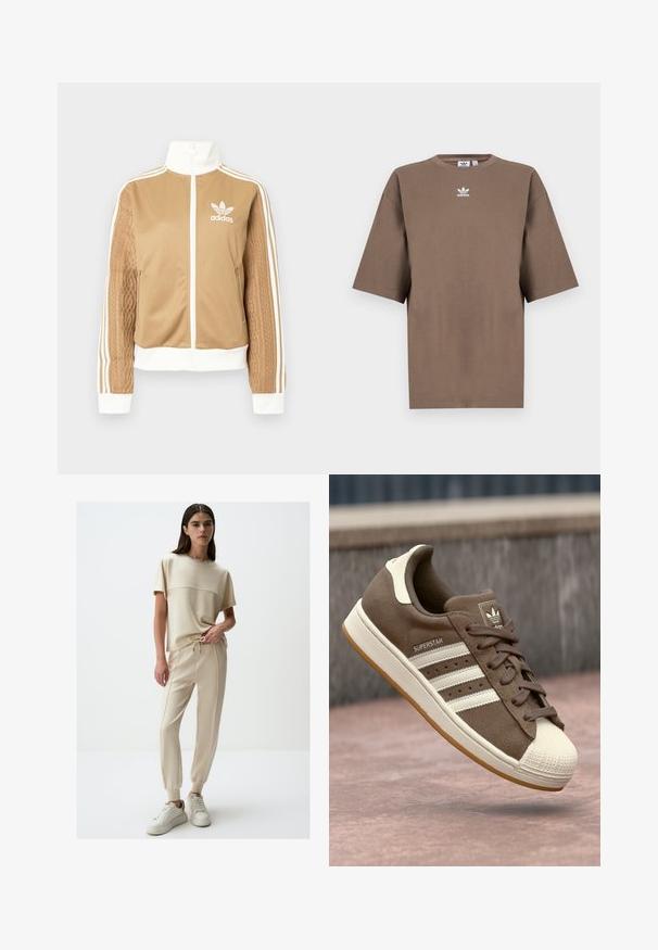 Tan zip-up jack met witte accenten en drie witte strepen op de mouwen. Heeft een gestructureerd geweven ontwerp op één mouw. Adidas-logo op de borst.; Bruine katoenen t-shirt met korte mouwen, ronde hals en wit Adidas-logo gecentreerd op de borst, met een eenvoudige uitstraling en een relaxte pasvorm.; Beige loungewear set met een korte mouwen top met een naaddetail en relaxfit broek met een elastische tailleband en taps toelopende manchetten.; Bruine suède sneakers met witte strepen, crème accenten en een rubberen shellneus. Voorzien van een vetersluiting en een textuur van gumzool.