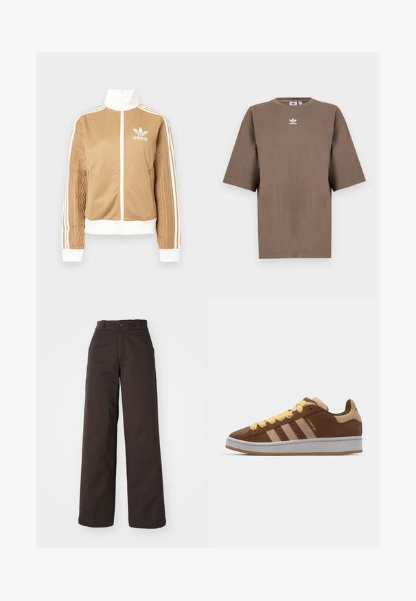 Brun zip-up jakke med hvite detaljer og tre hvite striper på ermene. Har et teksturert vevd design på den ene ermen. Adidas-logo på brystet.; Brun bomulls t-skjorte med korte ermer, rund hals og hvit Adidas-logo sentrert på brystet, med ensartet design og avslappet passform.; Brune vide bukser med knaplukning og bæltestropper, lavet af slidstærkt stof, der har en glat tekstur og rene linjer.; adidas Originals CAMPUS 00S DOUBLE W - Joggesko - preloved brown/sand strata/orange tint