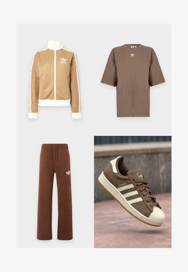 Zipper športna bunda v rjavi barvi z belimi dodatki in tremi belimi črtami na rokavih. Ima strukturiran tkaninski vzorec na enem rokavu. Adidasov logotip na prsih.; Brahna bomba majica s kratkimi rokavi, okroglo ovratnikom in belim Adidasovim logotipom v sredini prsnega dela, z enostavnim dizajnom in sproščenim krojem.; Rjave trenirke iz mehkega materiala s sproščenim krojem, ki imajo elastičen pas, vrvico in bel logotip na levem stegnu.; Svetlo rjave semiš teniske z belimi črtami, kremnimi dodatki in gumijastim zaščitnim toe-delom. Imajo vezanje in teksturiran gumijast podplat.