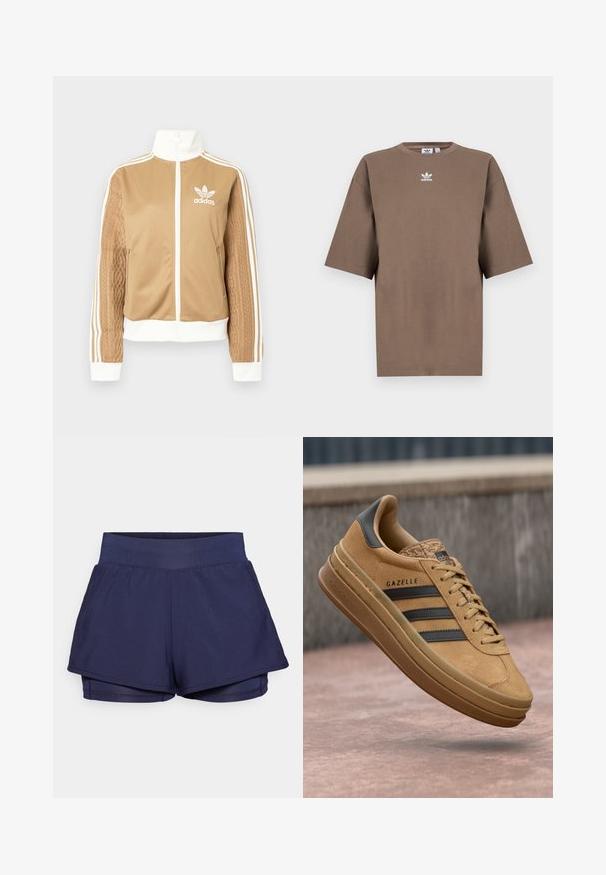 Casaco de fecho éclair em tom de bege com detalhes brancos e três riscas brancas nas mangas. Apresenta um design texturizado na trama de uma das mangas. Logotipo da Adidas no peito.; T-shirt de algodão castanho com mangas curtas, decote redondo e logo branco da Adidas centrado no peitoral, apresentando um design simples e um corte descontraído.; Calções de atletismo em marinho com uma cintura alta, design em camadas e uma textura suave. O forro interior é ajustado para um conforto adicional.; Tênis de camurça bege com uma textura suave, apresentando três riscas escuras, um bico arredondado e uma sola mais grossa com uma borda padronizada.