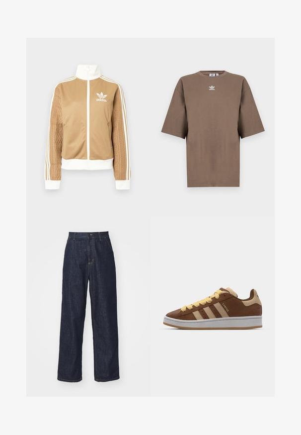 Tan zip-up jacket with white accents and three white stripes on sleeves. Features textured woven design on one sleeve. Adidas logo on chest.; Brown cotton t-shirt with short sleeves, round neck, and white Adidas logo centered at the chest, featuring a plain design and relaxed fit.; Dark blue straight-leg denim jeans with belt loops, front button, and side pockets on a white background.; adidas Originals CAMPUS 00S DOUBLE - Trainers - preloved brown/sand strata/orange tint