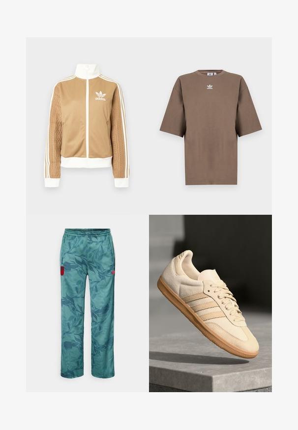 Brun zip-up jakke med hvite detaljer og tre hvite striper på ermene. Har et teksturert vevd design på den ene ermen. Adidas-logo på brystet.; Brun bomulls t-skjorte med korte ermer, rund hals og hvit Adidas-logo sentrert på brystet, med ensartet design og avslappet passform.; Lys teal bukser med blomster mønster, elastisk liv og sidelommer. Rød logo detajl på venstre lår tilfører stil.; Lys beige suedette sneakers med gummisåle, tre diagonale striper og en teksturert tåhette. Har logo på tungen og siden.