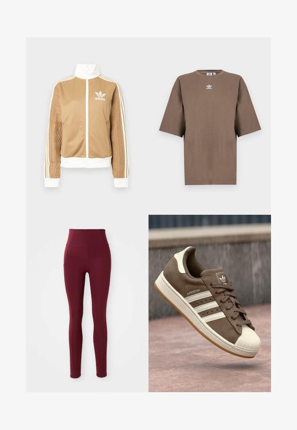 Hnedá mikina na zips s bielymi akcentmi a tromi bielymi pruhmi na rukávoch. Obsahuje textúrovaný tkaný vzor na jednom rukáve. Logo Adidas na hrudi.; Hnedé bavlnené tričko s krátkymi rukávmi, okrúhlym výstrihom a bielym logom Adidas umiestneným na hrudi, s jednoduchým dizajnom a voľným strihom.; Burgundské legíny s vysokým pásom vyrobené z elastického materiálu, s hladkou textúrou a detailom bočnej vrecka.; Hnedé semišové tenisky s bielymi pruhmi, krémovými akcentmi a gumovou špičkou. Obsahujú šnurovací dizajn a textúrovanú gumenú podrážku.