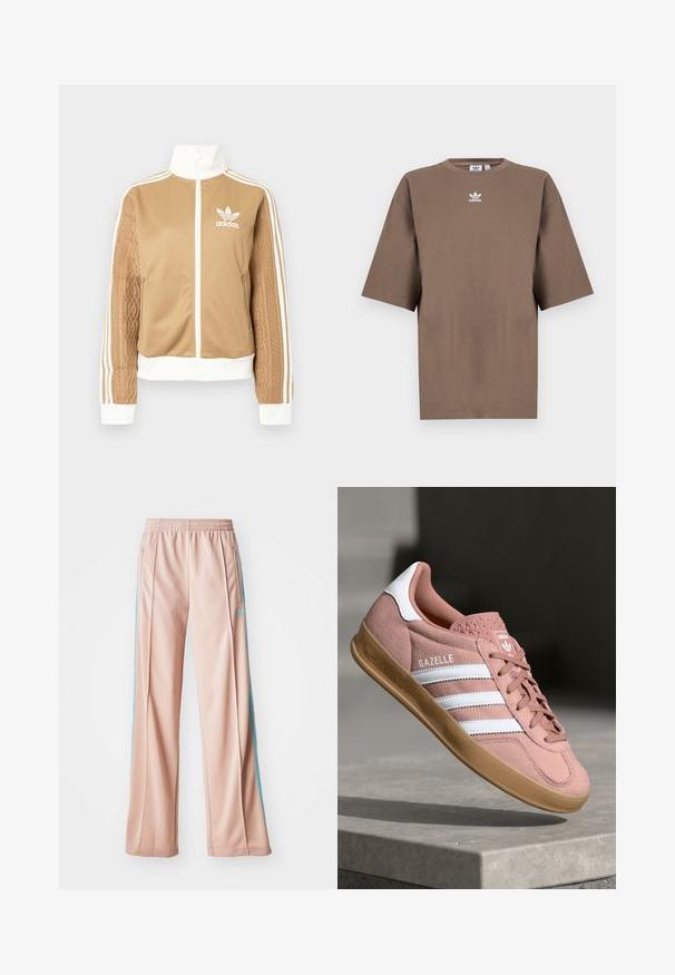 Casaco de fecho éclair em tom de bege com detalhes brancos e três riscas brancas nas mangas. Apresenta um design texturizado na trama de uma das mangas. Logotipo da Adidas no peito.; T-shirt de algodão castanho com mangas curtas, decote redondo e logo branco da Adidas centrado no peitoral, apresentando um design simples e um corte descontraído.; Calças desportivas rosa claro com um ajuste relaxado, apresentando riscas laterais azuis e um cós com cordão. Feitas de um tecido suave e leve.; Sapatilhas em camurça rosa com riscas brancas, sola de borracha, parte superior texturizada e logótipo na língua. Design clássico de cano baixo.