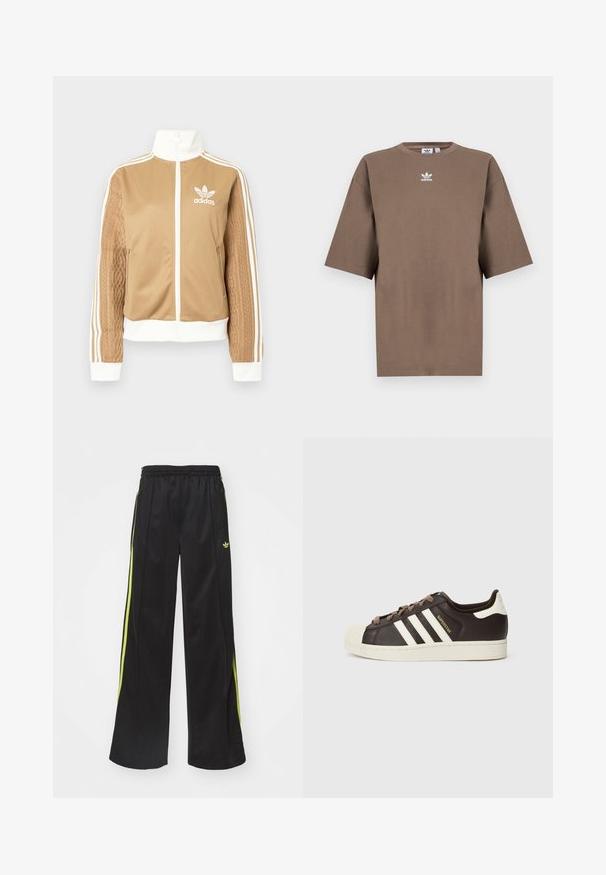 Tā tan krāsa zip-up jakas ar baltajiem akcentiem un trim baltām svītrām uz piedurknēm. Izceļas ar teksturētu aušanas dizainu uz vienas piedurknes. Adidas logo uz krūšu daļas.; Brūna kokvilnas T-krekls īsām piedurknēm, apaļa kakla izgriezums, ar baltu Adidas logo centrā krūtīs, ar vienkāršu dizainu un brīvu piegriezumu.; Melni sporta bikses ar dzelteniem sānu svītrām, elastīgu jostu, plašu kāju dizainu un mazu logotipu akcentu augšējā kreisajā stūrī.; Zema tipa Adidas Superstar sporta apavu tumši brūnā āda ar krēmkrāsas purngalu, baltām svītrām un uzrakstu „Superstar” sānos.