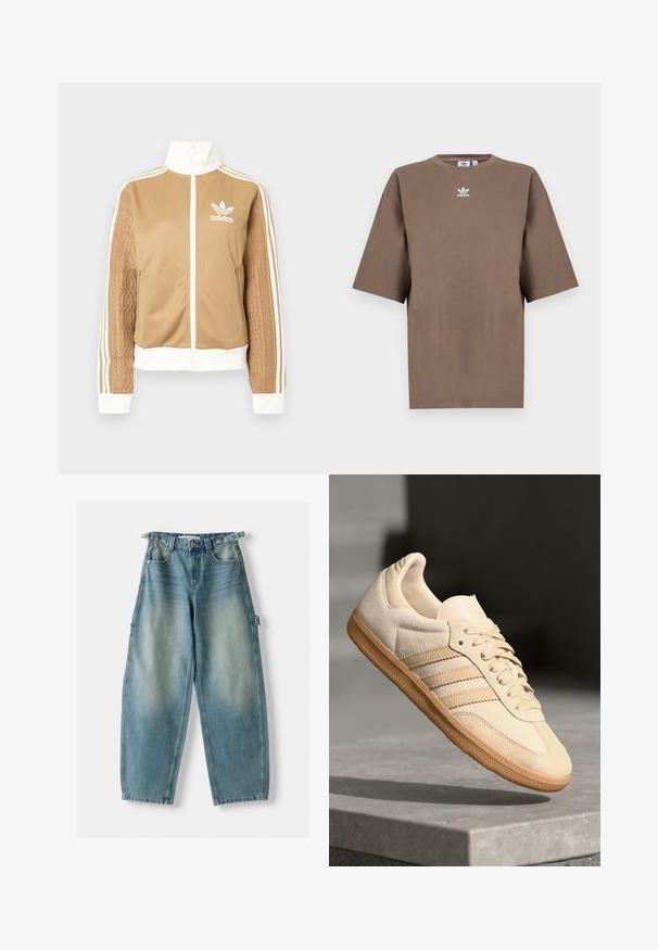 Zipper športna bunda v rjavi barvi z belimi dodatki in tremi belimi črtami na rokavih. Ima strukturiran tkaninski vzorec na enem rokavu. Adidasov logotip na prsih.; Brahna bomba majica s kratkimi rokavi, okroglo ovratnikom in belim Adidasovim logotipom v sredini prsnega dela, z enostavnim dizajnom in sproščenim krojem.; Visoko pasovana, svetlo modra denim hlače z ohlapnim krojem. Značilnosti vključujejo gumb za zapiranje, zanke za pas in stranske žepe.; Svetlo bež semišni športni copat z gumijastim podplatom, trije poševni trakovi in teksturiran zaščitni del. Vsebuje logotip na ježku in strani.