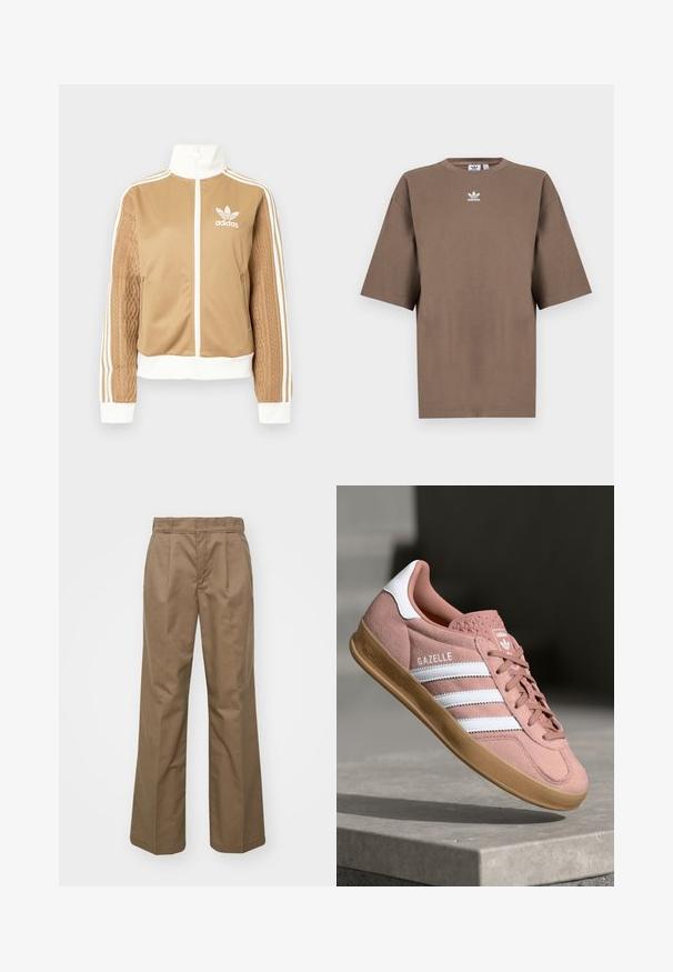 Brun zip-up jakke med hvite detaljer og tre hvite striper på ermene. Har et teksturert vevd design på den ene ermen. Adidas-logo på brystet.; Brun bomulls t-skjorte med korte ermer, rund hals og hvit Adidas-logo sentrert på brystet, med ensartet design og avslappet passform.; Brune, bredde benbukser laget av robust stoff. Har frontpreg, en glatt tekstur og et klassisk midjebånddesign.; Rosa semskesneaker med hvite striper, gummisåle, teksturert overdel og logo på tungen. Klassisk lavt design.