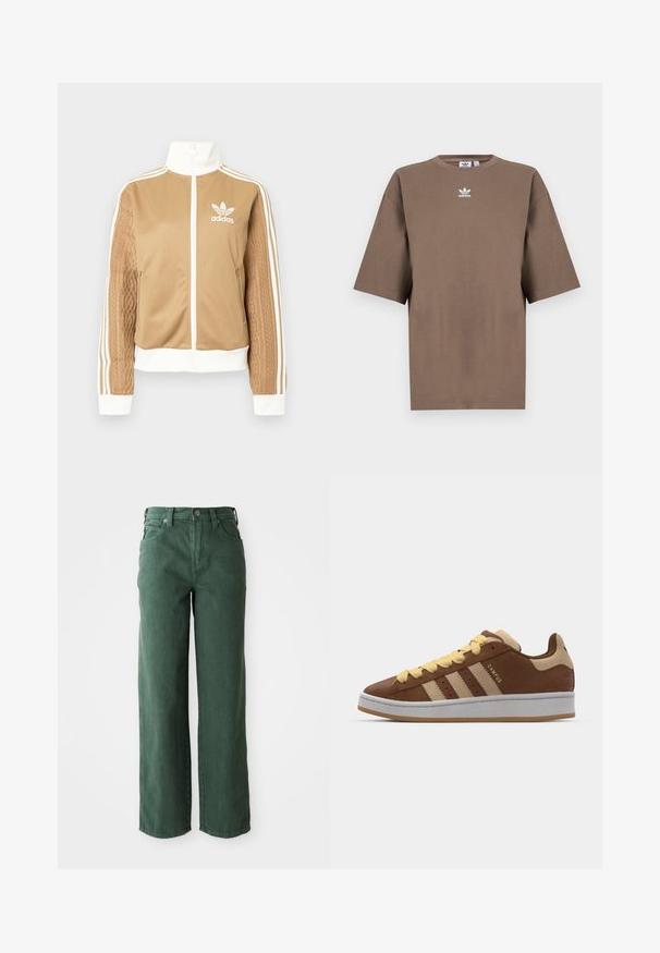 Zipper športna bunda v rjavi barvi z belimi dodatki in tremi belimi črtami na rokavih. Ima strukturiran tkaninski vzorec na enem rokavu. Adidasov logotip na prsih.; Brahna bomba majica s kratkimi rokavi, okroglo ovratnikom in belim Adidasovim logotipom v sredini prsnega dela, z enostavnim dizajnom in sproščenim krojem.; Zelene široke kavbojke iz denima. Imajo visok pas, ravne noge, sprednje žepke in kovinsko zaponko.; adidas Originals CAMPUS 00S DOUBLE W - Športni copati - preloved brown/sand strata/orange tint