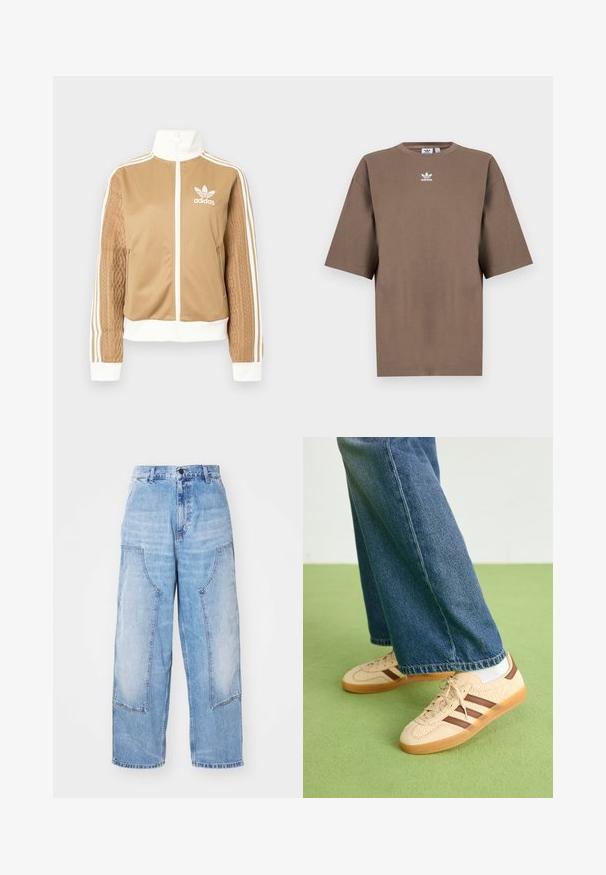 Barna, cipzáras dzseki fehér díszítésekkel és három fehér csíkkal a hajtókákon. Az egyik hajtókán texturált szövet mintázat található. Az Adidas logo a mellkason.; Barna pamut póló rövid ujjakkal, kerek nyakkal és fehér Adidas logóval a mellkason, egyszerű dizájnnal és laza szabással.; Világoskék farmer széles szárú nadrág, két nagy elülső zsebbel, gombos záródással és enyhe kopással. A zsebek részletein varrott díszítések találhatók.; Beige sportcipők textúrált krém színű panelek és barna csíkok részletezésével, kék farmernadrággal párosítva. A farmer széles szárú és rojtos szegéllyel rendelkezik.