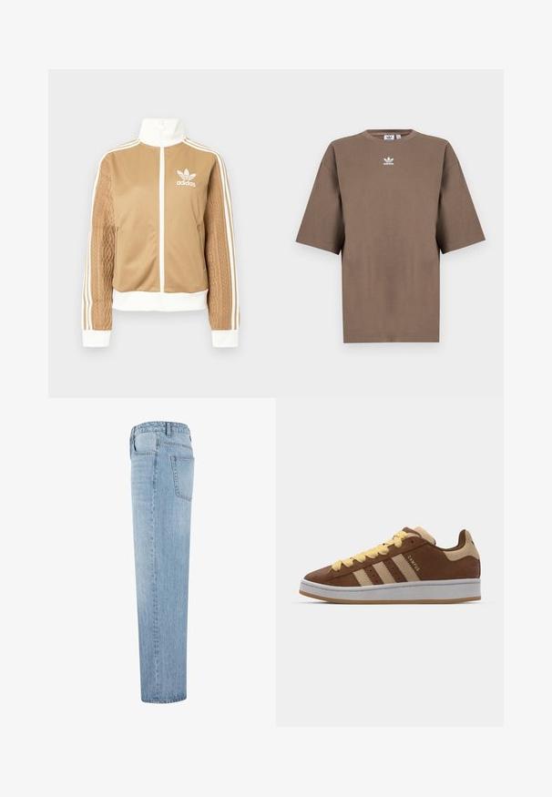 Chaqueta con cremallera en tono marrón y acentos en blanco, con tres rayas blancas en las mangas. Presenta un diseño texturizado tejido en una de las mangas. Logo de Adidas en el pecho.; Camiseta de algodón marrón con mangas cortas, cuello redondo y logo blanco de Adidas centrado en el pecho, con un diseño liso y un ajuste relajado.; Jeans de mezclilla rectos de color azul claro con cintura alta y bolsillo trasero visible, mostrados de lado sobre un fondo blanco.; adidas Originals CAMPUS 00S DOUBLE W - Zapatillas - preloved brown/sand strata/orange tint