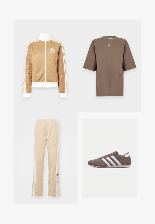 Tā tan krāsa zip-up jakas ar baltajiem akcentiem un trim baltām svītrām uz piedurknēm. Izceļas ar teksturētu aušanas dizainu uz vienas piedurknes. Adidas logo uz krūšu daļas.; Brūna kokvilnas T-krekls īsām piedurknēm, apaļa kakla izgriezums, ar baltu Adidas logo centrā krūtīs, ar vienkāršu dizainu un brīvu piegriezumu.; adidas Originals BREAK - Treniņtērpa apakšdaļas - magic beige; Brūnas zamšādas sporta kurpes ar baltām svītrām, apaļā purngala forma, ar auklēm, un gumijas zole. Tekstūrēts augšdaļa ar šuvju detaļām.