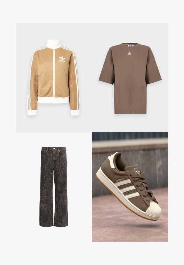 Kraevis sisekavaga jakki valgete aktsentidega ja kolme valge triibuga varrukatel. Ühel varrukal on tekstureeritud kootud muster. Adidas'i logo rinnal.; Pruun puuvillane T-särk lühikeste varrukatega, ümar kaelus ja valge Adidas'i logo keskpunktis rinnal, lihtne disain ja mugav lõige.; Musthave mustad laiad jämedad teksad leopardimustriga, valmistatud denimist, omavad toorservi ja hõbedasi nuppe. Kaks eesmist taskut.; Pruunist nubukist tennisjalanõud valgete triipude, kreemjate aktsentide ja kummist toe-kate'ga. Omab nööridega sulgemist ja tekstuurset kummist talla.