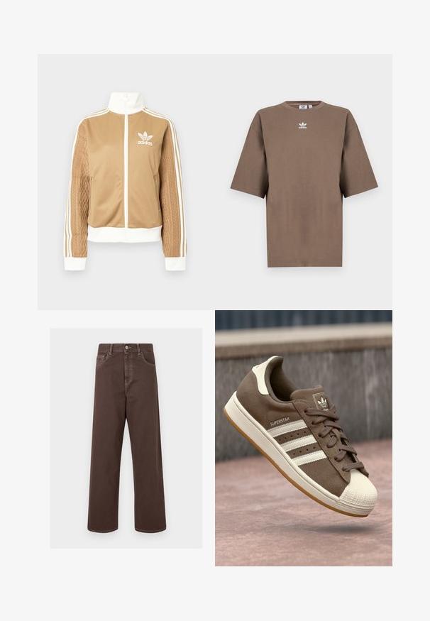 Tan-zip-Jacke mit weißen Akzenten und drei weißen Streifen an den Ärmeln. Besitzt ein strukturiertes Gewebedesign an einem Ärmel. Adidas-Logo auf der Brust.; Braunes Baumwoll-T-Shirt mit kurzen Ärmeln, Rundhals und weißem Adidas-Logo, das zentral auf der Brust platziert ist. Das Design ist schlicht und der Schnitt ist locker.; Braune weit geschnittene Jeanshose mit kontrastierenden Nähten, fünf Taschen und einer metallenen Knopfverschlus. Glatte Textur, gerader Schnitt.; Braune Wildleder-Sneaker mit weißen Streifen, crèmefarbenen Akzenten und einer Gummischale an der Zehe. Verfügt über ein Schnürdesign und eine strukturierte Gummisohle.