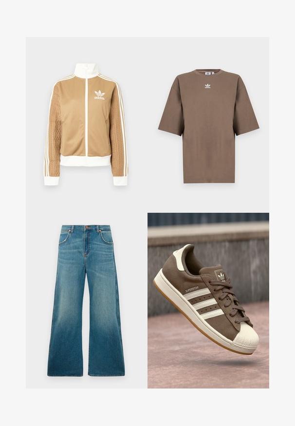 Zipper športna bunda v rjavi barvi z belimi dodatki in tremi belimi črtami na rokavih. Ima strukturiran tkaninski vzorec na enem rokavu. Adidasov logotip na prsih.; Brahna bomba majica s kratkimi rokavi, okroglo ovratnikom in belim Adidasovim logotipom v sredini prsnega dela, z enostavnim dizajnom in sproščenim krojem.; Visoko pasu modri traper hlače širokih nogavic, sprednji žepi, gumb za zapiranje in zbledela barvna gradacija od pasu do roba.; Svetlo rjave semiš teniske z belimi črtami, kremnimi dodatki in gumijastim zaščitnim toe-delom. Imajo vezanje in teksturiran gumijast podplat.