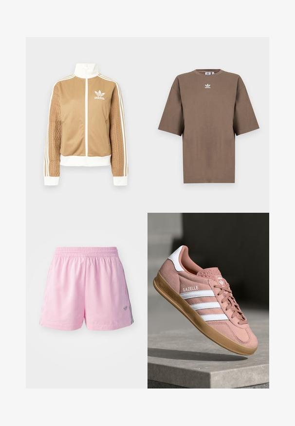 Brun zip-up jakke med hvite detaljer og tre hvite striper på ermene. Har et teksturert vevd design på den ene ermen. Adidas-logo på brystet.; Brun bomulls t-skjorte med korte ermer, rund hals og hvit Adidas-logo sentrert på brystet, med ensartet design og avslappet passform.; Rosa treningsshorts med elastisk midjebånd, med en grå stripe på sidene og en liten logo foran. Laget av lett materiale.; Rosa semskesneaker med hvite striper, gummisåle, teksturert overdel og logo på tungen. Klassisk lavt design.