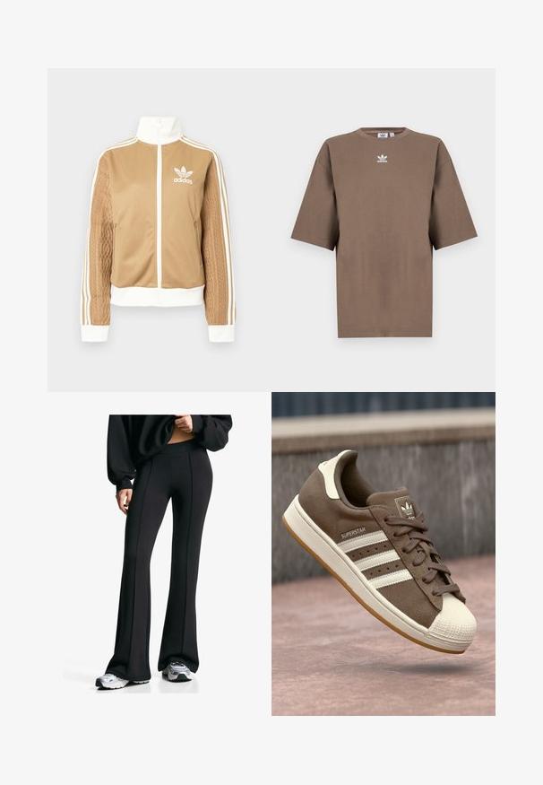 Zipper športna bunda v rjavi barvi z belimi dodatki in tremi belimi črtami na rokavih. Ima strukturiran tkaninski vzorec na enem rokavu. Adidasov logotip na prsih.; Brahna bomba majica s kratkimi rokavi, okroglo ovratnikom in belim Adidasovim logotipom v sredini prsnega dela, z enostavnim dizajnom in sproščenim krojem.; Črne široke hlače z visokim pasom in stranskimi šivi. Narejene iz raztegljive tkanine, imajo gladko teksturo. Ustrezajo športnim čevljem.; Svetlo rjave semiš teniske z belimi črtami, kremnimi dodatki in gumijastim zaščitnim toe-delom. Imajo vezanje in teksturiran gumijast podplat.