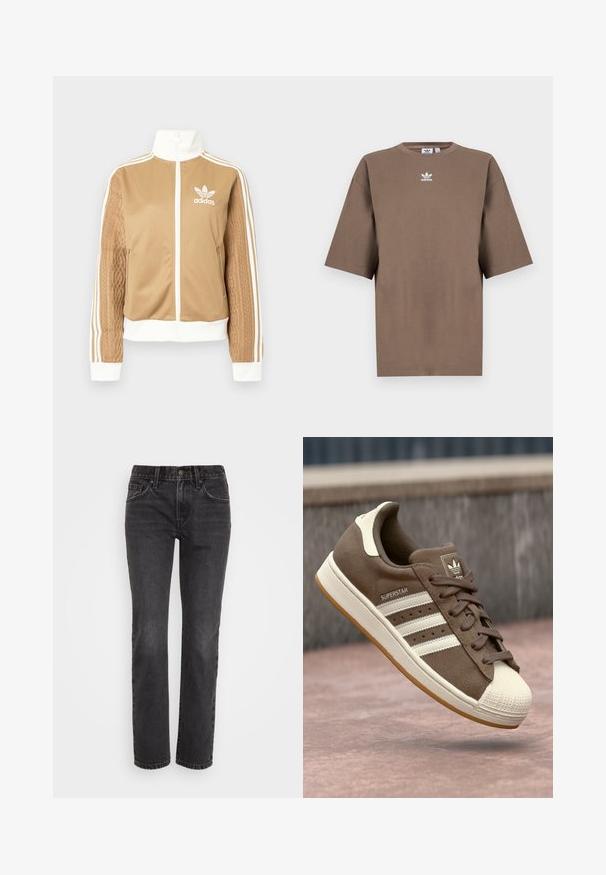 Jachetă zip-up de culoare bej cu accente albe și trei dungi albe pe mâneci. Prezintă un design țesut texturat pe o mânecă. Logo-ul Adidas pe piept.; Tricou din bumbac de culoare maronie, cu mâneci scurte, guler rotund și logo-ul alb Adidas centrat pe piept, având un design simplu și o croială relaxată.; Jeans din denim negru cu croială dreaptă, având un design clasic cu cinci buzunare, fermoar și cusături contrastante pe margini.; Adidași din suede maro cu dungi albe, accente crem și vârf din cauciuc. Prezintă un design cu șireturi și o talpă din cauciuc texturată.