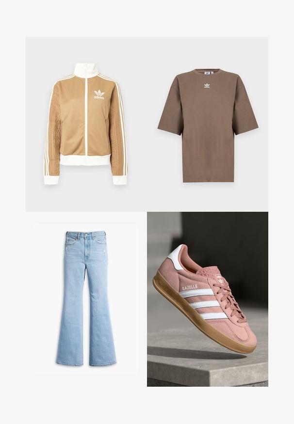 Zipper športna bunda v rjavi barvi z belimi dodatki in tremi belimi črtami na rokavih. Ima strukturiran tkaninski vzorec na enem rokavu. Adidasov logotip na prsih.; Brahna bomba majica s kratkimi rokavi, okroglo ovratnikom in belim Adidasovim logotipom v sredini prsnega dela, z enostavnim dizajnom in sproščenim krojem.; Svetlo modri široki traper hlače z visokim pasom, z rahlim zbledelostjo, uničenimi detajli in standardnim oblikovanjem petih žepov.; Roza semiš športni copat z belimi črtami, gumijastim podplatom, teksturiranim zgornjim delom in logotipom na ježku. Klasična nizka zasnova.