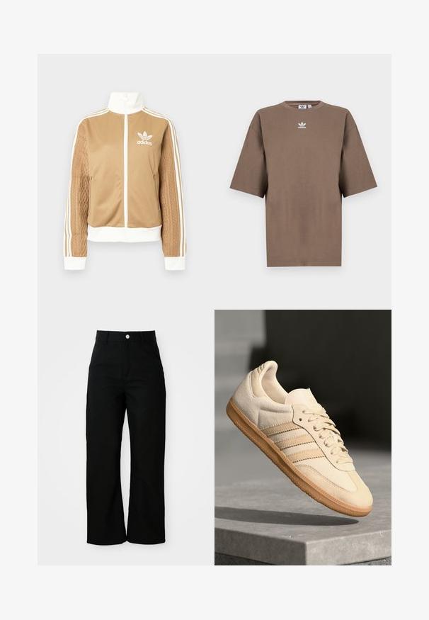 Tan zip-up jacket with white accents and three white stripes on sleeves. Features textured woven design on one sleeve. Adidas logo on chest.; Brown cotton t-shirt with short sleeves, round neck, and white Adidas logo centered at the chest, featuring a plain design and relaxed fit.; Black high-waisted, straight-leg pants with front pockets, belt loops, and a silver button closure on a white background.; Light beige suede sneaker with gum outsole, three diagonal stripes, and a textured toe cap. Features logo on the tongue and side.