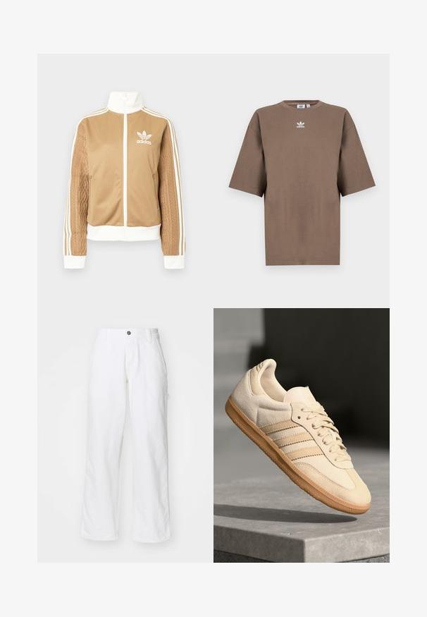 Casaco de fecho éclair em tom de bege com detalhes brancos e três riscas brancas nas mangas. Apresenta um design texturizado na trama de uma das mangas. Logotipo da Adidas no peito.; T-shirt de algodão castanho com mangas curtas, decote redondo e logo branco da Adidas centrado no peitoral, apresentando um design simples e um corte descontraído.; Calças de algodão brancas com um design de perna reta, apresentando um fecho de botão, bolsos laterais e um corte descontraído. Textura suave.; Sapatilha de camurça bege clara com sola de borracha, três riscas diagonais e uma biqueira texturizada. Apresenta o logótipo na língua e na lateral.