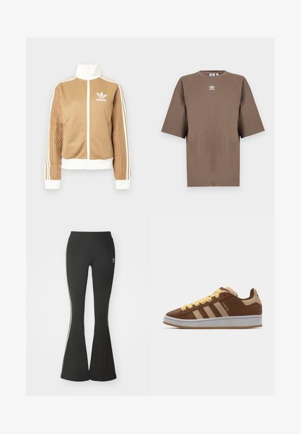 Casaco de fecho éclair em tom de bege com detalhes brancos e três riscas brancas nas mangas. Apresenta um design texturizado na trama de uma das mangas. Logotipo da Adidas no peito.; T-shirt de algodão castanho com mangas curtas, decote redondo e logo branco da Adidas centrado no peitoral, apresentando um design simples e um corte descontraído.; Leggings pretos flare feitos de tecido elástico, com uma cintura alta e listras brancas nas laterais. Inclui um pequeno logótipo na cintura.; adidas Originals CAMPUS 00S DOUBLE W - Sapatilhas - preloved brown/sand strata/orange tint