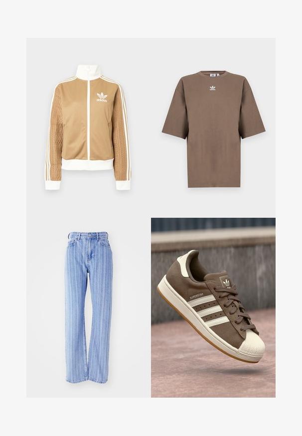 Tan zip-up jacket with white accents and three white stripes on sleeves. Features textured woven design on one sleeve. Adidas logo on chest.; Brown cotton t-shirt with short sleeves, round neck, and white Adidas logo centered at the chest, featuring a plain design and relaxed fit.; Light blue denim jeans with vertical white stripes, high waist, loose fit, five pockets, and a button-fly closure.; Brown suede sneaker with white stripes, cream accents, and a rubber shell toe. Features lace-up design and textured gum sole.