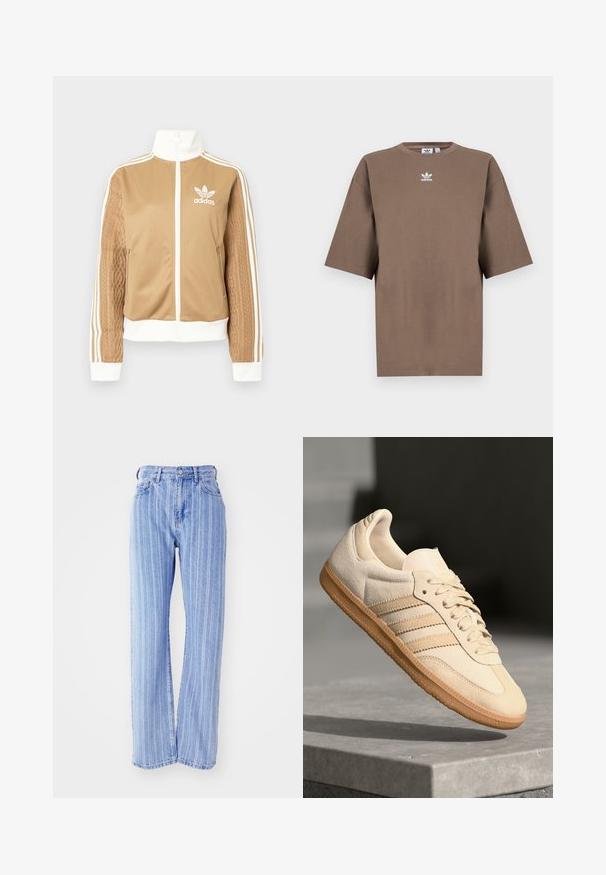 Casaco de fecho éclair em tom de bege com detalhes brancos e três riscas brancas nas mangas. Apresenta um design texturizado na trama de uma das mangas. Logotipo da Adidas no peito.; T-shirt de algodão castanho com mangas curtas, decote redondo e logo branco da Adidas centrado no peitoral, apresentando um design simples e um corte descontraído.; Jeans de ganga de um azul claro com riscas brancas verticais, cintura alta, corte largo, cinco bolsos e fecho com botão.; Sapatilha de camurça bege clara com sola de borracha, três riscas diagonais e uma biqueira texturizada. Apresenta o logótipo na língua e na lateral.