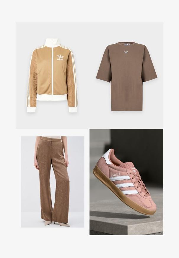 Tan zip-up jacket with white accents and three white stripes on sleeves. Features textured woven design on one sleeve. Adidas logo on chest.; Brown cotton t-shirt with short sleeves, round neck, and white Adidas logo centered at the chest, featuring a plain design and relaxed fit.; Brown, wide-leg trousers made from textured fabric with a subtle pattern. Features a smooth waistband and hangs loosely from the hips.; Pink suede sneaker with white stripes, rubber gum sole, textured upper, and logo on tongue. Classic low-top design.