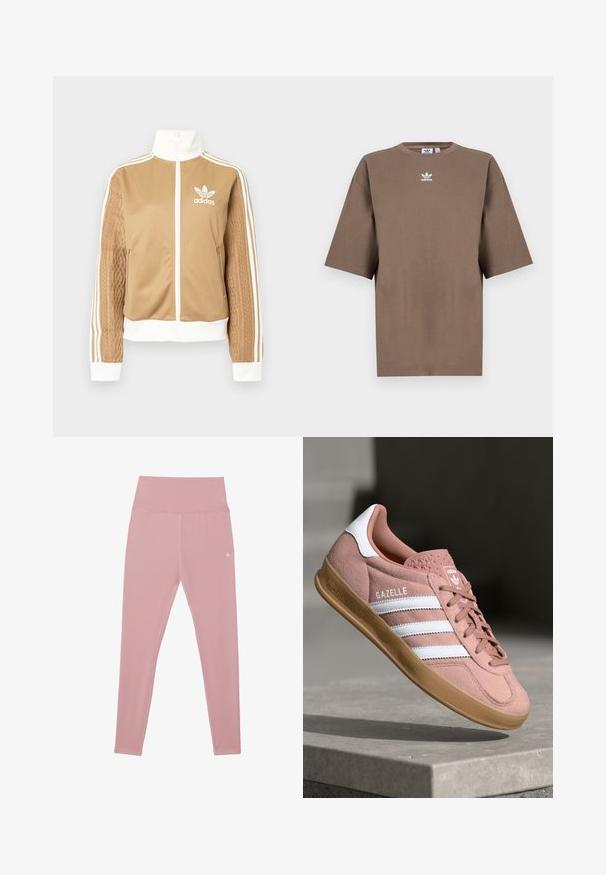 Tan zip-up jack met witte accenten en drie witte strepen op de mouwen. Heeft een gestructureerd geweven ontwerp op één mouw. Adidas-logo op de borst.; Bruine katoenen t-shirt met korte mouwen, ronde hals en wit Adidas-logo gecentreerd op de borst, met een eenvoudige uitstraling en een relaxte pasvorm.; Roze, hoge tailllegging gemaakt van rekbare stof, met een gladde textuur en een klein logodetail bij de taille.; Roze suède sneakers met witte strepen, rubberen gumzool, gestructureerde bovenkant en logo op de tong. Klassiek low-top ontwerp.
