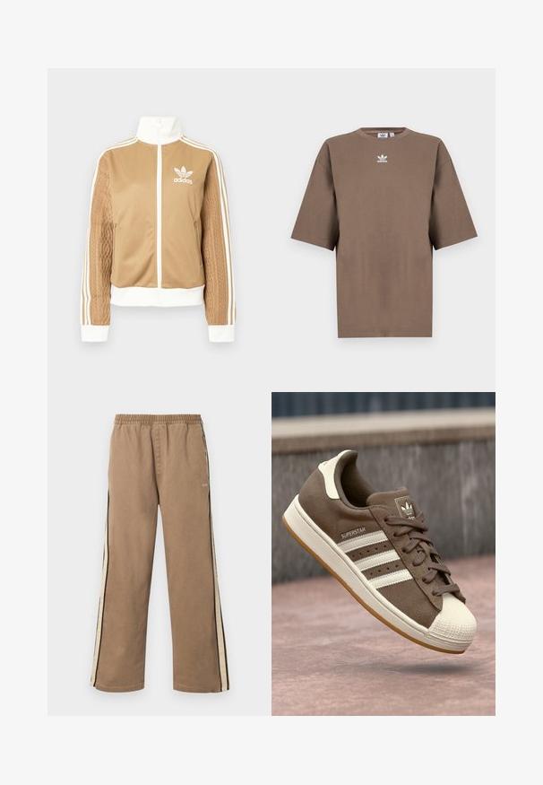 Zipper športna bunda v rjavi barvi z belimi dodatki in tremi belimi črtami na rokavih. Ima strukturiran tkaninski vzorec na enem rokavu. Adidasov logotip na prsih.; Brahna bomba majica s kratkimi rokavi, okroglo ovratnikom in belim Adidasovim logotipom v sredini prsnega dela, z enostavnim dizajnom in sproščenim krojem.; Rjave široke hlače z elastičnim pasom, bež in črnima bočnima črtama ter majhnim logotipom "obey" na zgornjem delu stegna.; Svetlo rjave semiš teniske z belimi črtami, kremnimi dodatki in gumijastim zaščitnim toe-delom. Imajo vezanje in teksturiran gumijast podplat.