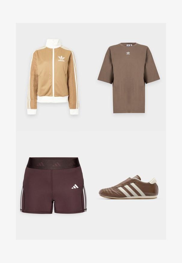 Jachetă zip-up de culoare bej cu accente albe și trei dungi albe pe mâneci. Prezintă un design țesut texturat pe o mânecă. Logo-ul Adidas pe piept.; Tricou din bumbac de culoare maronie, cu mâneci scurte, guler rotund și logo-ul alb Adidas centrat pe piept, având un design simplu și o croială relaxată.; Șorturi atletice vișinii cu un talie înaltă, având un logo și dungi laterale albe. Fabricate dintr-un material neted și elastic pentru confort.; adidas Originals TAEKWONDO - Pantofi slip-on - preloved brown/off white