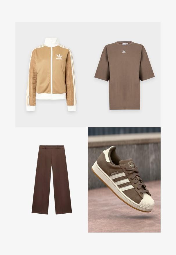 Chaqueta con cremallera en tono marrón y acentos en blanco, con tres rayas blancas en las mangas. Presenta un diseño texturizado tejido en una de las mangas. Logo de Adidas en el pecho.; Camiseta de algodón marrón con mangas cortas, cuello redondo y logo blanco de Adidas centrado en el pecho, con un diseño liso y un ajuste relajado.; Pantalones de pierna ancha marrones, hechos de un tejido suave, con un frente plano, una cinturilla y detalles plisados para añadir textura.; Zapatillas de ante marrón con rayas blancas, detalles en color crema y punta de goma. Cuenta con un diseño de cordones y suela de goma texturizada.