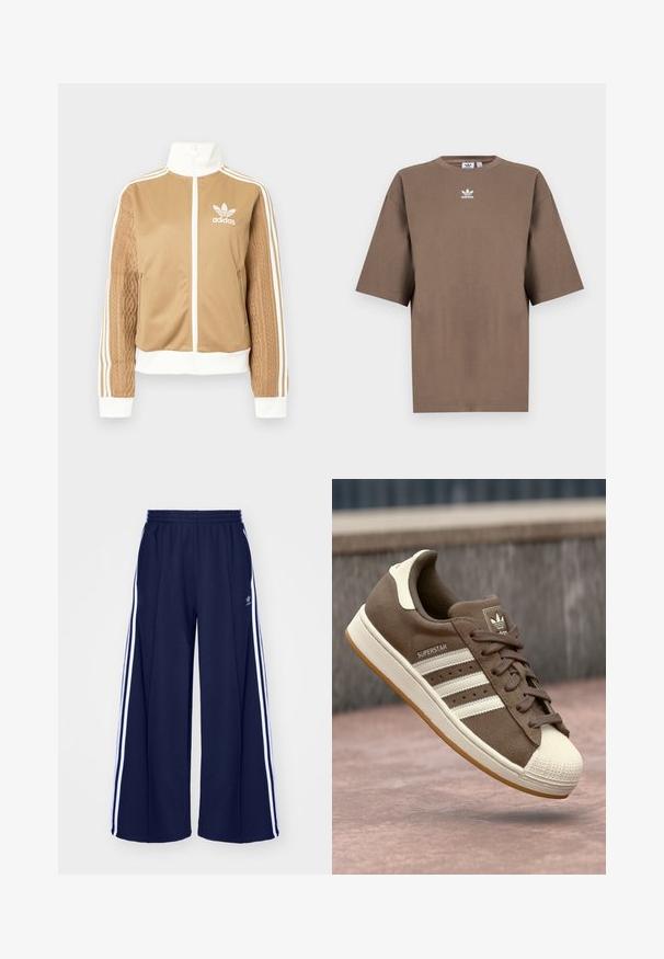 Zipper športna bunda v rjavi barvi z belimi dodatki in tremi belimi črtami na rokavih. Ima strukturiran tkaninski vzorec na enem rokavu. Adidasov logotip na prsih.; Brahna bomba majica s kratkimi rokavi, okroglo ovratnikom in belim Adidasovim logotipom v sredini prsnega dela, z enostavnim dizajnom in sproščenim krojem.; adidas Originals PANT - Spodnji deli trenirk - night indigo; Svetlo rjave semiš teniske z belimi črtami, kremnimi dodatki in gumijastim zaščitnim toe-delom. Imajo vezanje in teksturiran gumijast podplat.