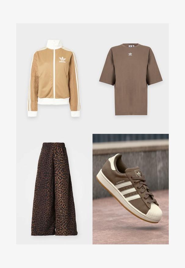 Jachetă zip-up de culoare bej cu accente albe și trei dungi albe pe mâneci. Prezintă un design țesut texturat pe o mânecă. Logo-ul Adidas pe piept.; Tricou din bumbac de culoare maronie, cu mâneci scurte, guler rotund și logo-ul alb Adidas centrat pe piept, având un design simplu și o croială relaxată.; Pantaloni largi, confecționați dintr-un material neted, având un fundal maro cu un model de leopard negru și o talie elastică.; Adidași din suede maro cu dungi albe, accente crem și vârf din cauciuc. Prezintă un design cu șireturi și o talpă din cauciuc texturată.